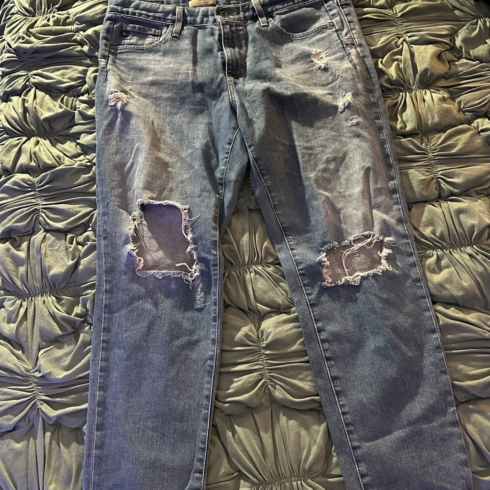 AG Adriano Goldschmied Distressed Blue Boyfriend Jeans
